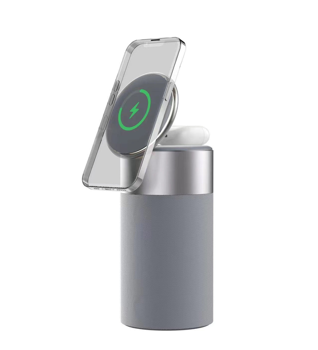 A three-in-one multi-functional iPhone and AirPods wireless charger, portable Bluetooth speaker, and touch lamp.