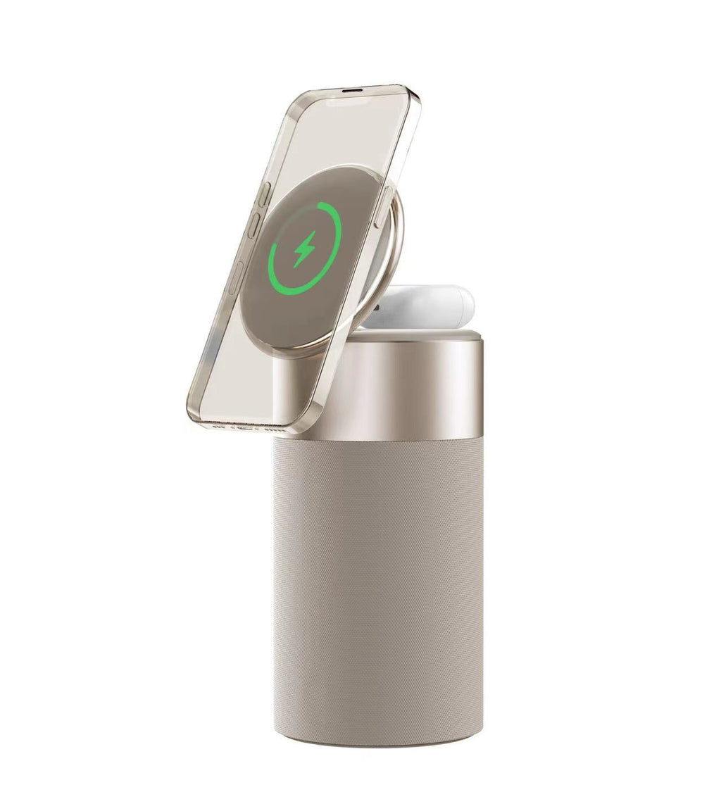 A three-in-one multi-functional iPhone and AirPods wireless charger, portable Bluetooth speaker, and touch lamp.