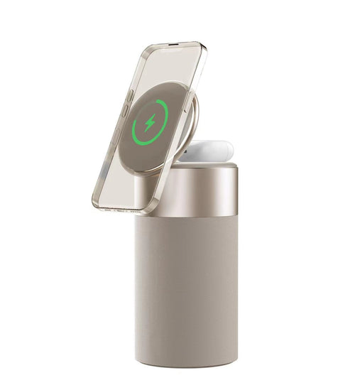 A three-in-one multi-functional iPhone and AirPods wireless charger, portable Bluetooth speaker, and touch lamp.