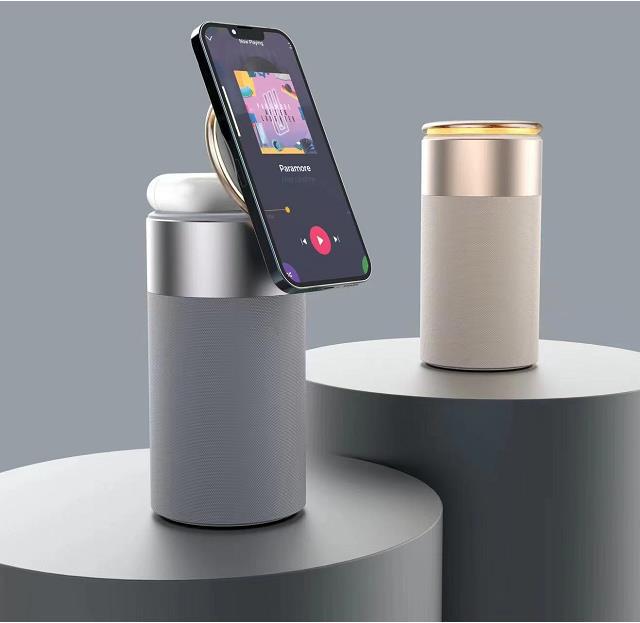 A three-in-one multi-functional iPhone and AirPods wireless charger, portable Bluetooth speaker, and touch lamp.